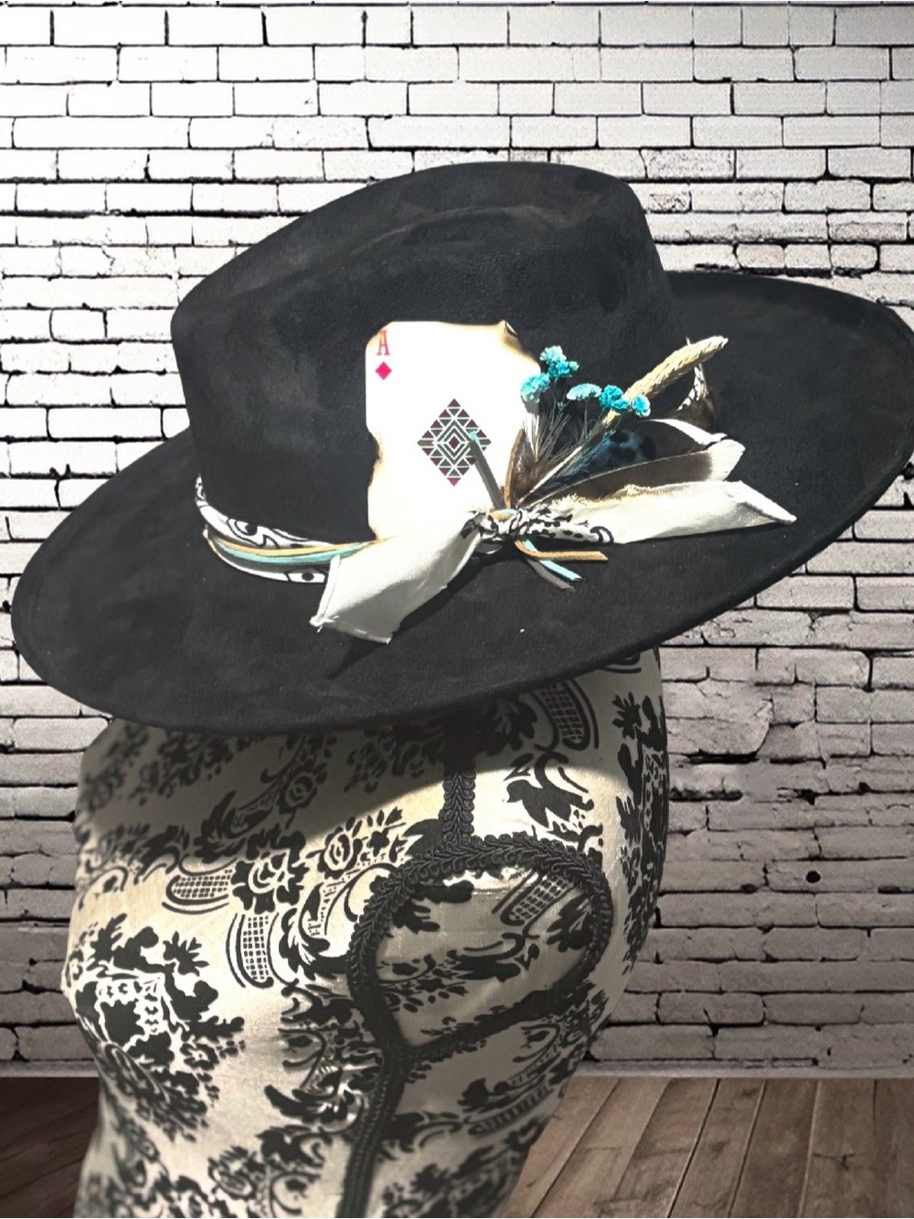 Black Wide-Brim cowboy Hat with Feather & Card Accent